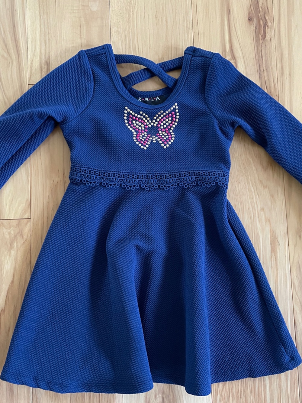 Girls' Royal Blue Long-Sleeve Dress with Rhinestone Butterfly and flare sleeves